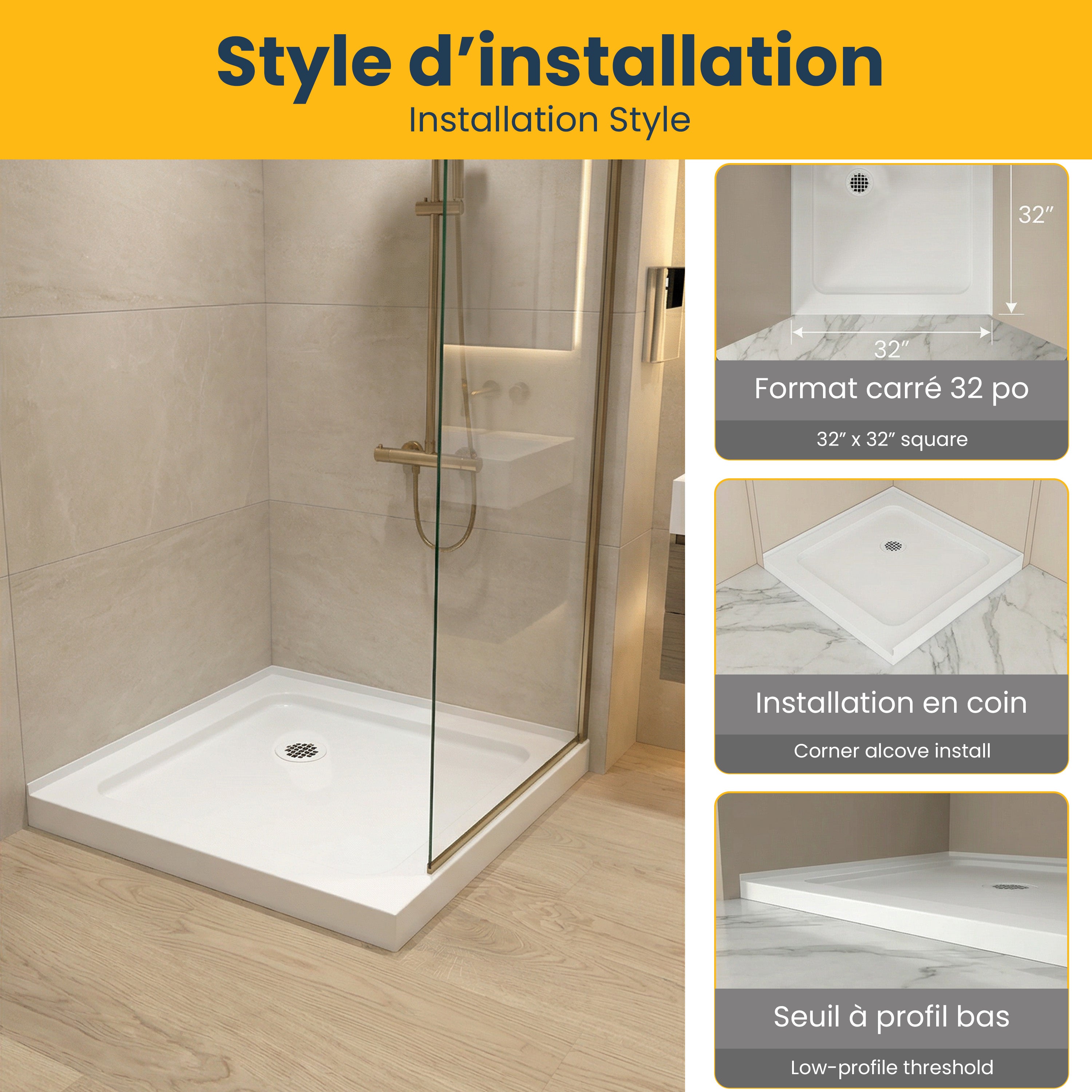 Base de douche 32po x 32po en acrylique blanc brillant avec drain au coin