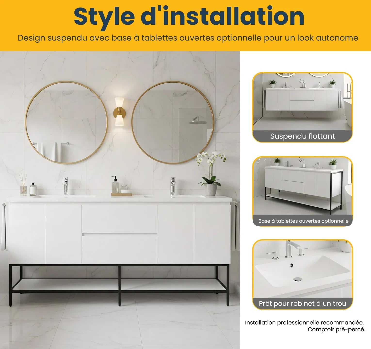 72" White Wall Mount Double Sink Bathroom Vanity with White Polymarble Countertop