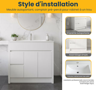 Meuble-Lavabo Autoportant 36po Blanc Mat avec Comptoir de Céramique Blanc