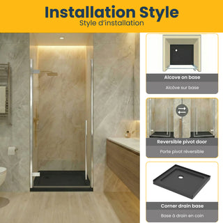 32" x 79" Reversible Pivot Shower Door in Chrome with Clear Glass and 32" x 32" Glossy Black Acrylic Shower Base with Corner Drain