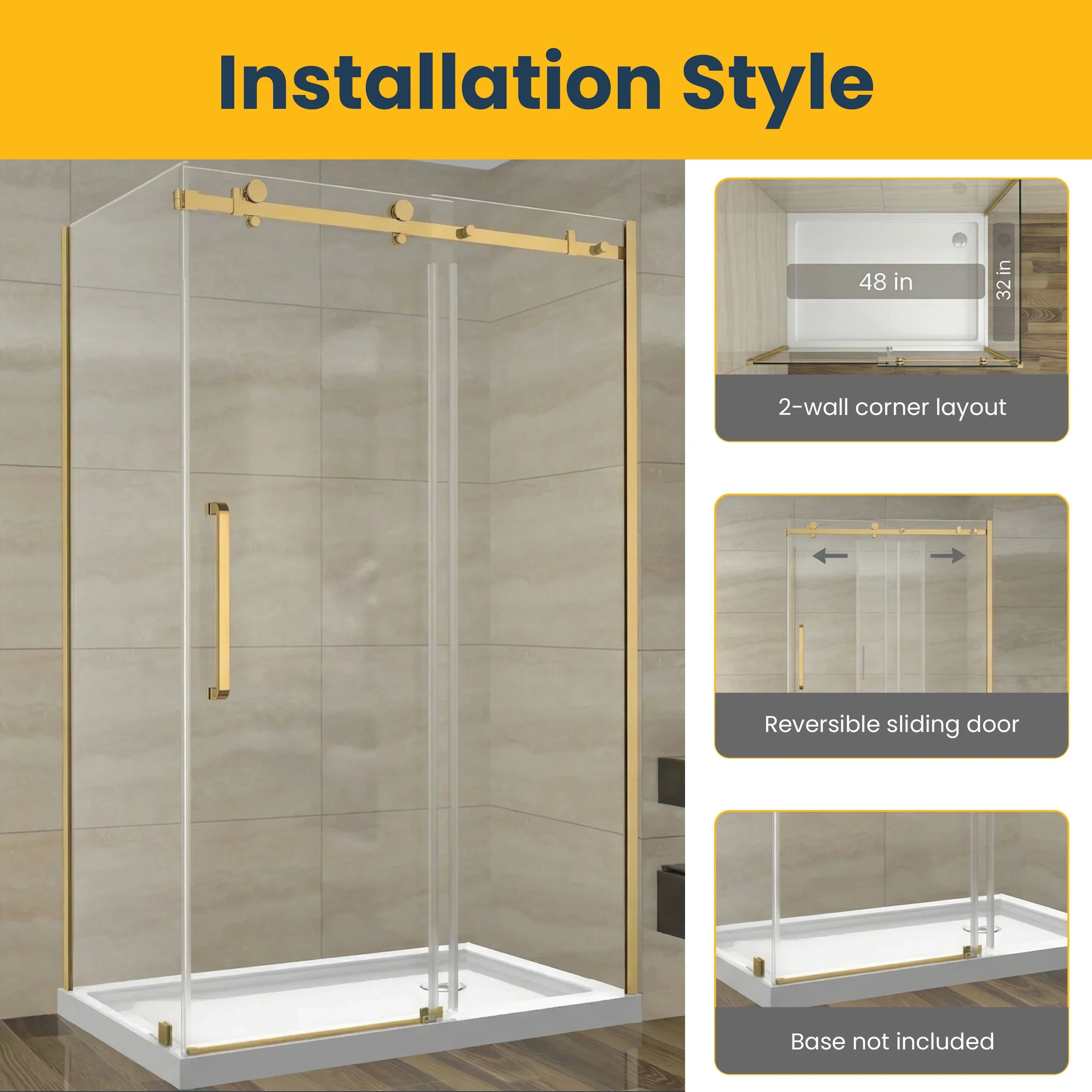 Porte de douche coulissante 48po x 32po x 75po en or brossé avec panneau latéral 32po