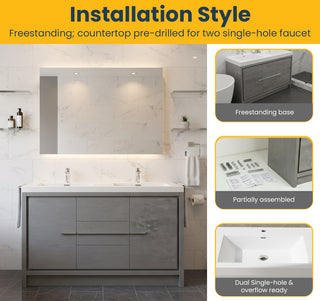 60" Cement Freestanding Double Sink Bathroom Vanity with White Polymarble Countertop