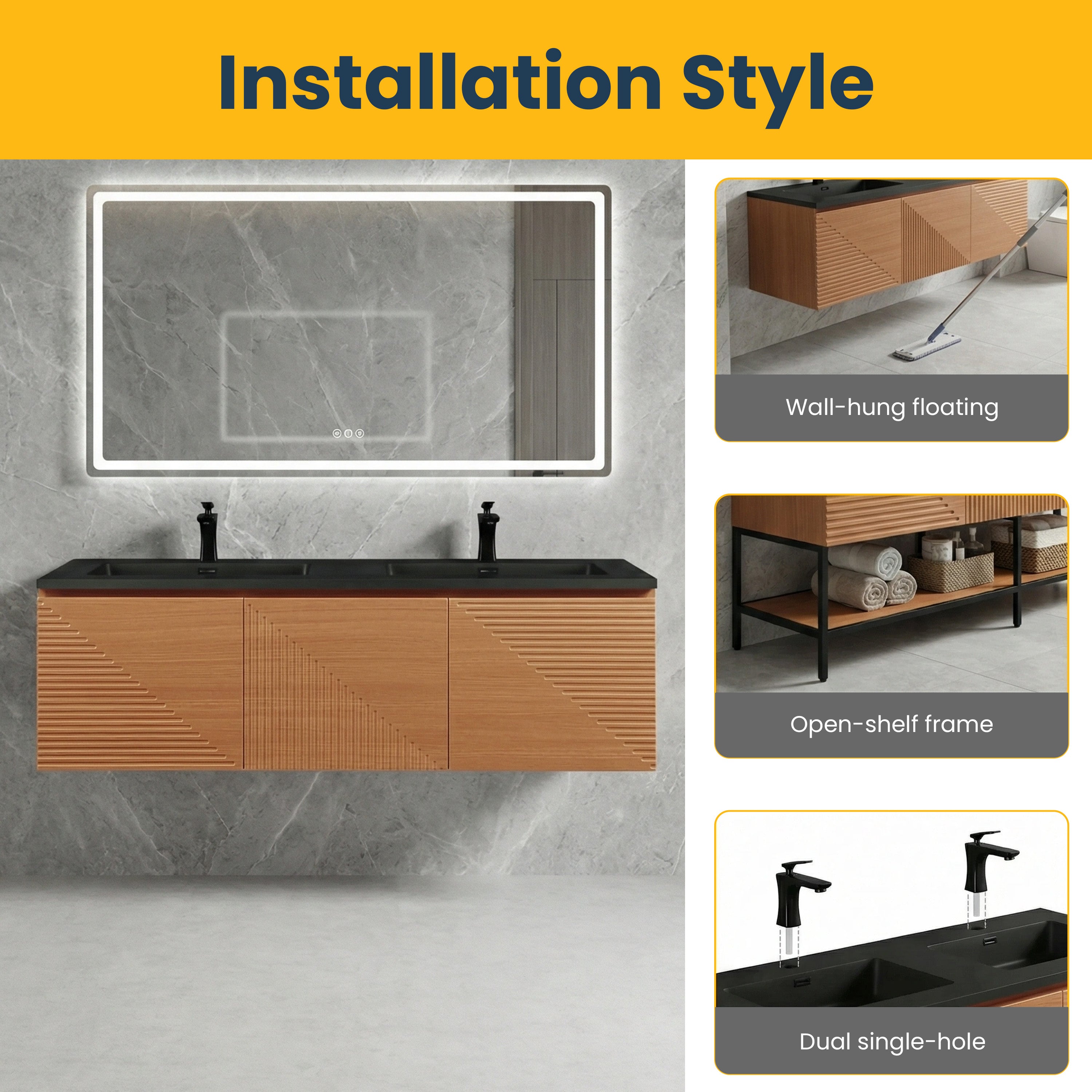60" Light Oak Wall-Mounted Double Sink Bathroom Vanity with Black Engineered Quartz Countertop