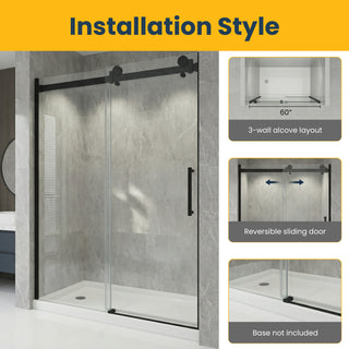 60" x 75" x 10mm Alcove Reversible Sliding Shower Door with Square Design Hardware in Matte Black