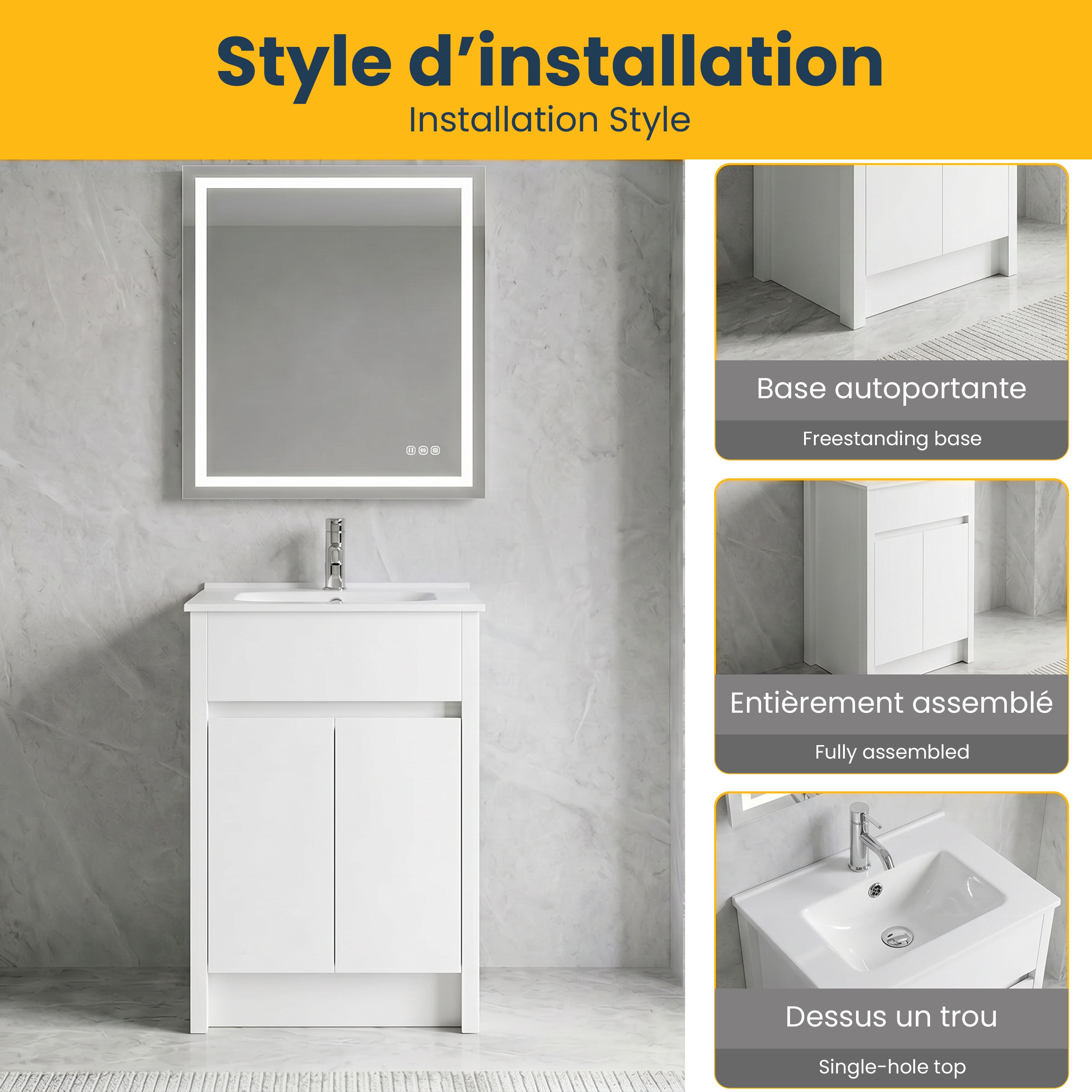 Meuble-Lavabo Autoportant 24po Chêne Blanc avec Comptoir de Céramique Blanc