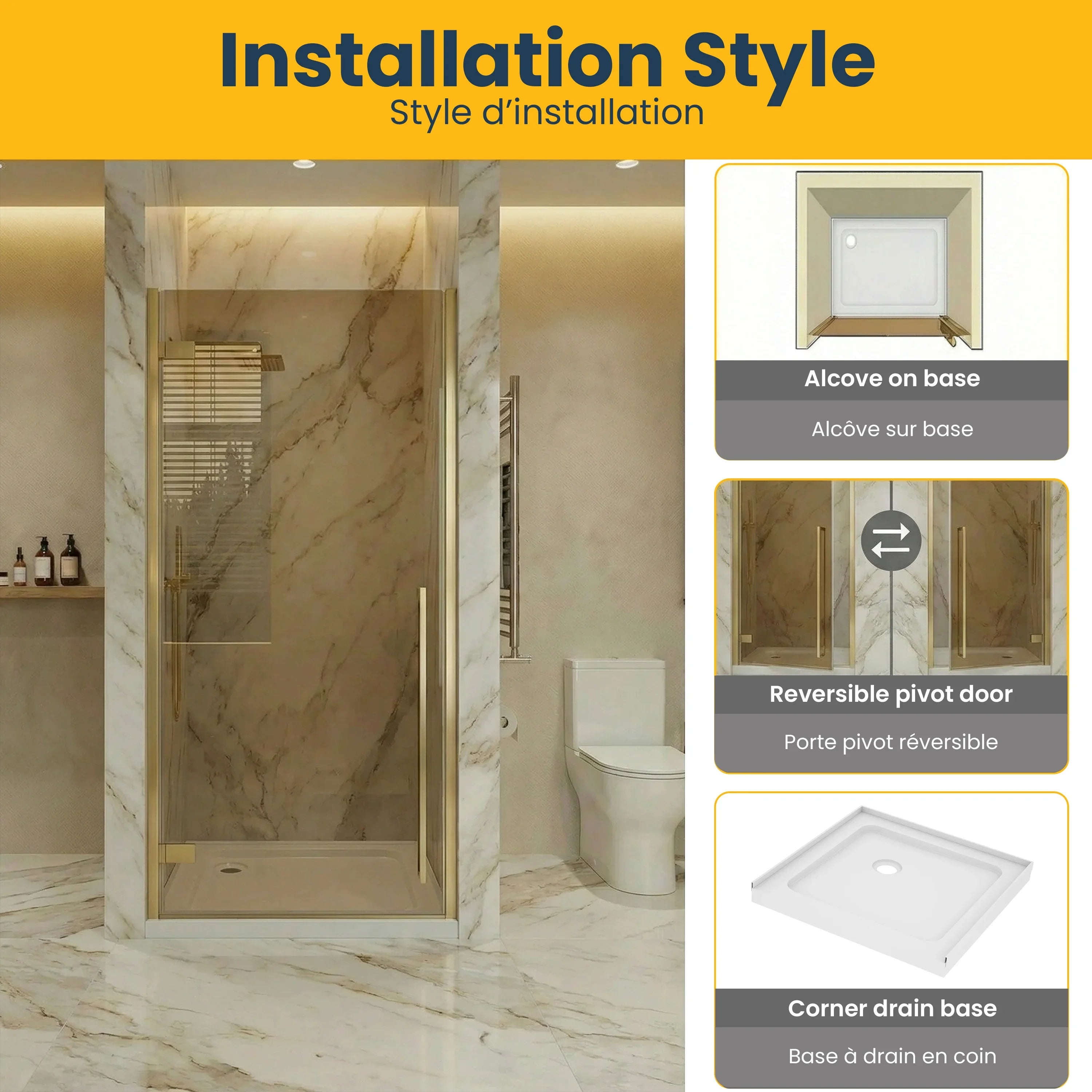 Porte de douche pivotante 32po x 79po or brossé avec verre teinté brun et base de douche blanche 32po