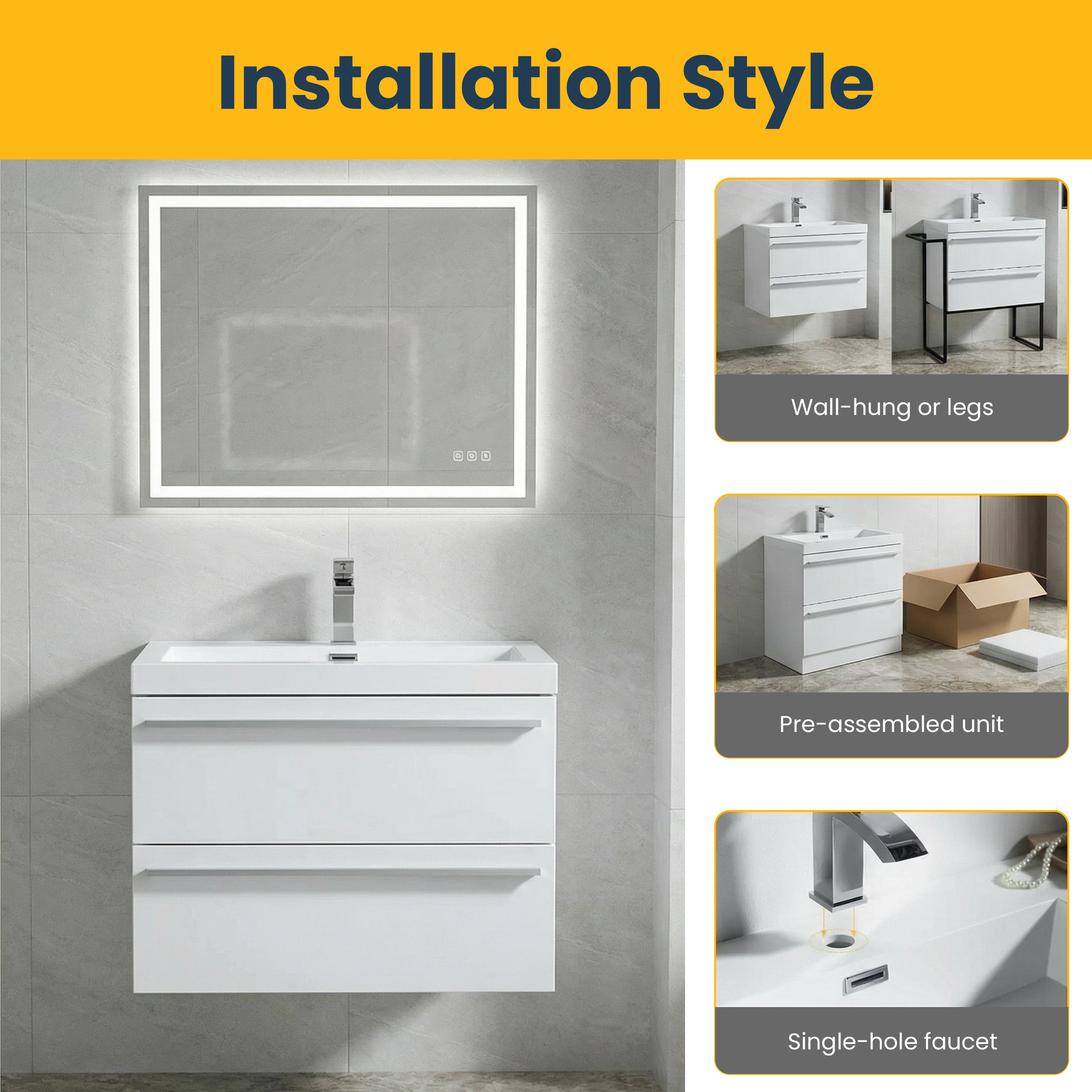 Meuble-lavabo mural blanc 24" avec Comptoir en polymarbre blanc