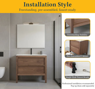 36" Natural Walnut Freestanding Bathroom Vanity with White Solid Surface Countertop