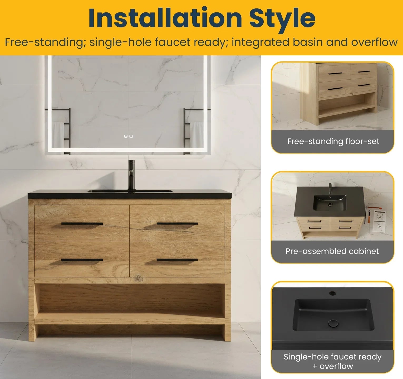 48" Rough Oak Freestanding Bathroom Vanity with Black Engineered Quartz Countertop