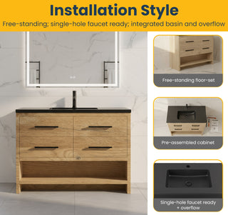 Meuble-lavabo autoportant en chêne brut de 48" avec Comptoir en quartz noir reconstitué