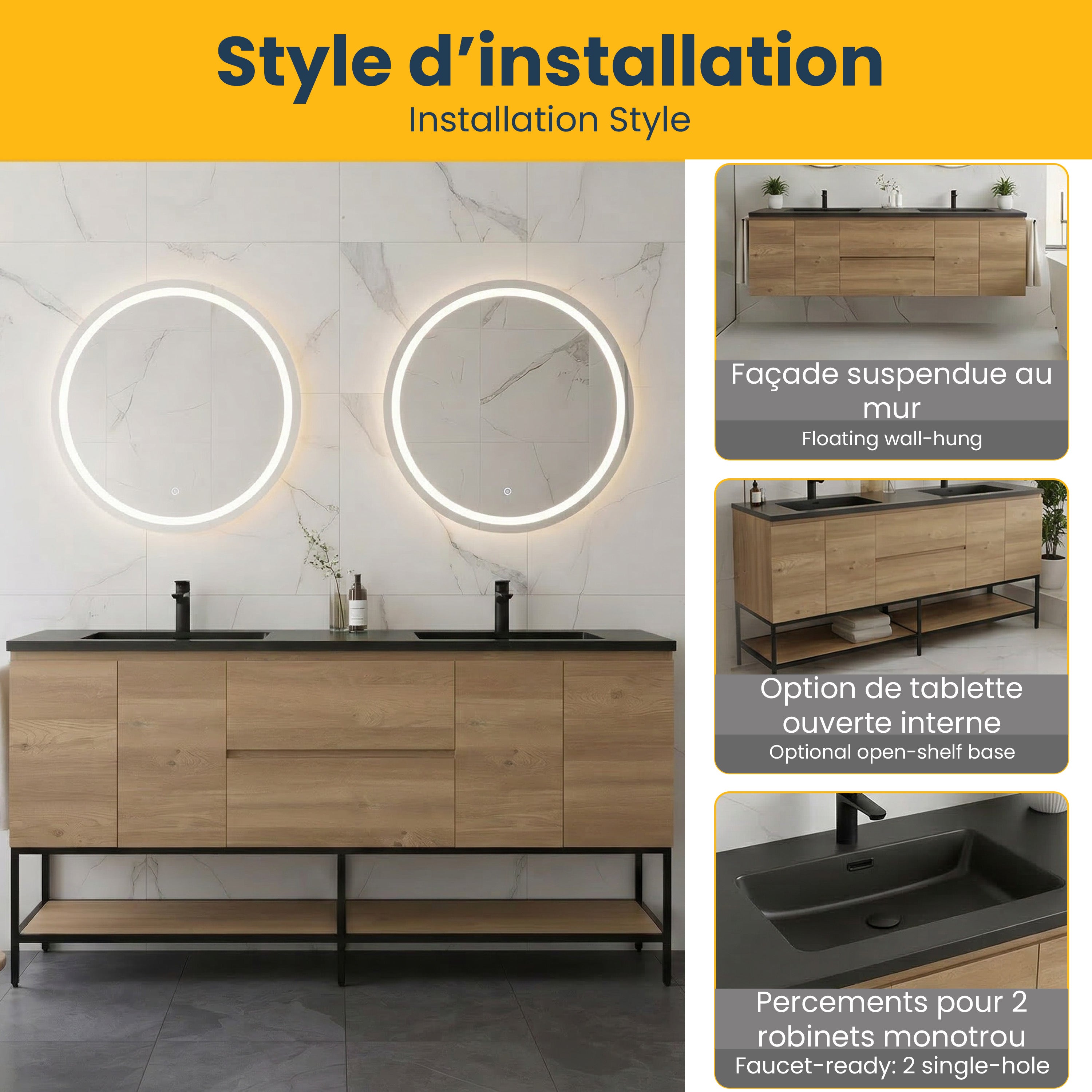 72" Rough Oak Wall Mount Double Sink Bathroom Vanity with Black Quartz Countertop
