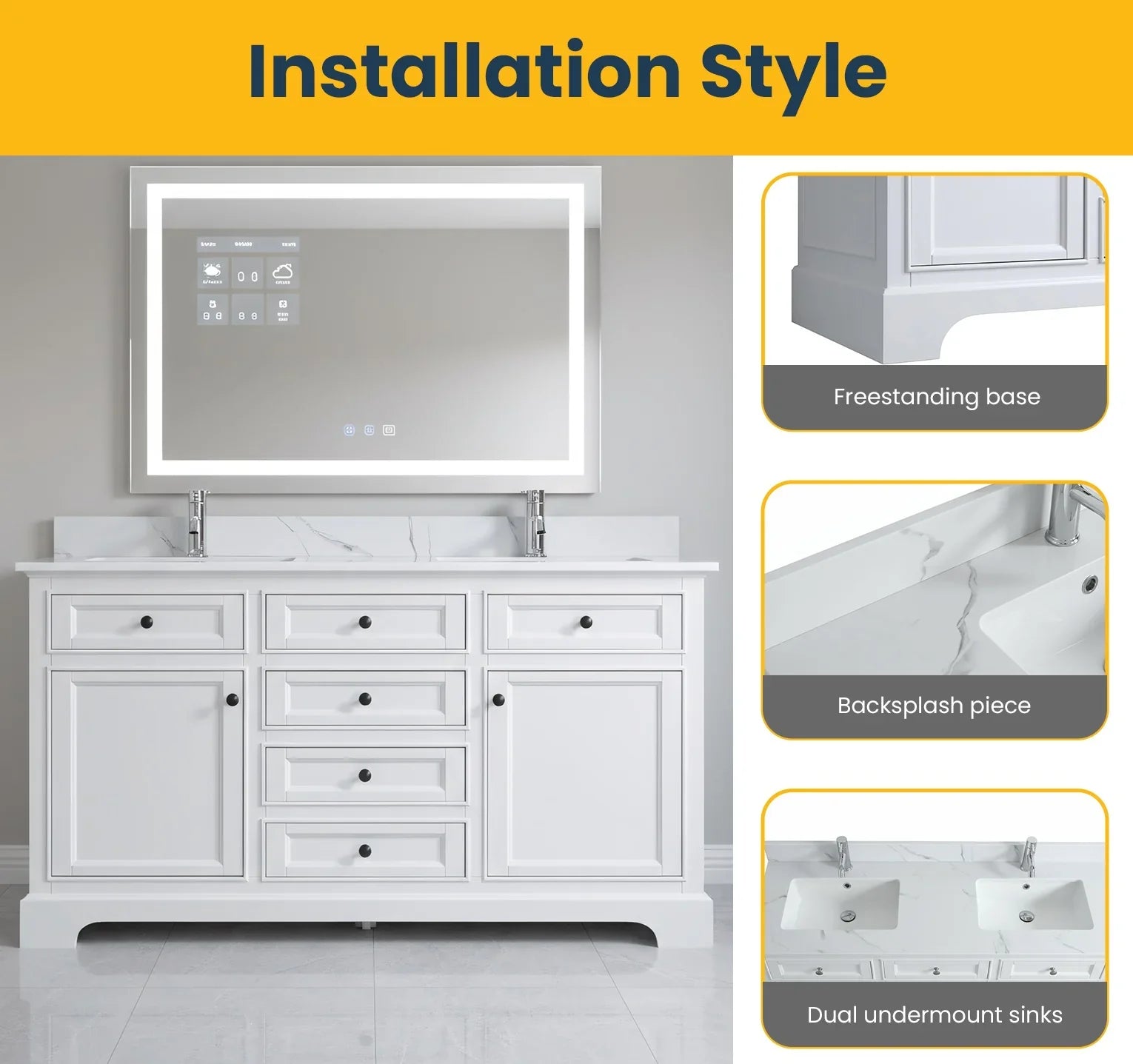 60" White Freestanding Double Sink Bathroom Vanity with Engineered Calcutta Marble Countertop