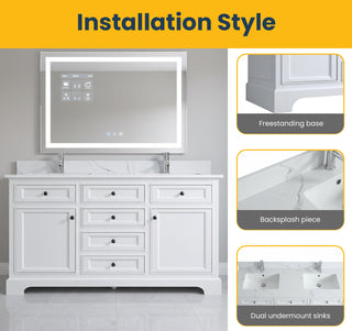 60" White Freestanding Double Sink Bathroom Vanity with Engineered Calcutta Marble Countertop