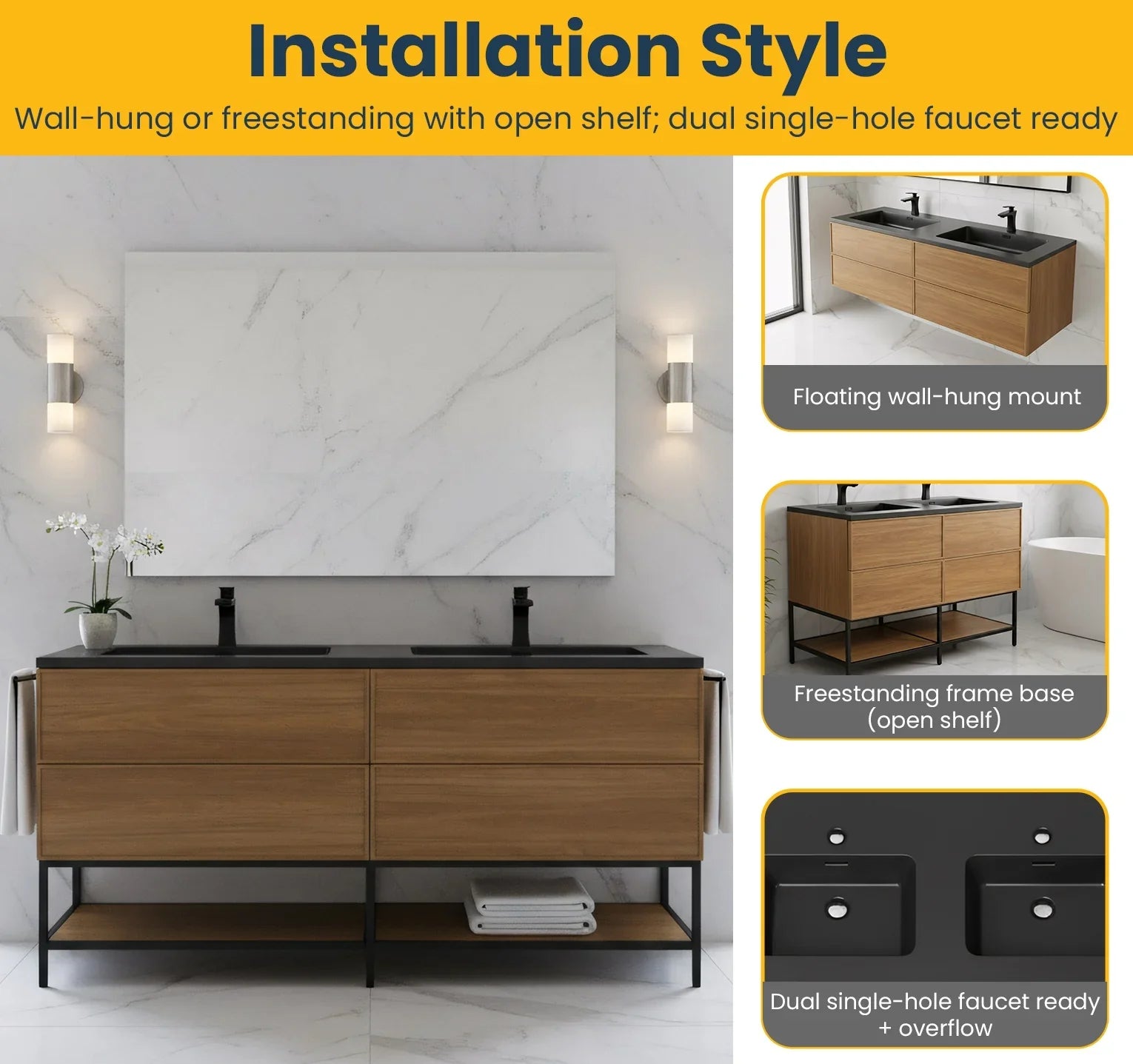 60" Honey Gold Walnut Wall Mount Double Sink Bathroom Vanity with Black Engineered Quartz Countertop