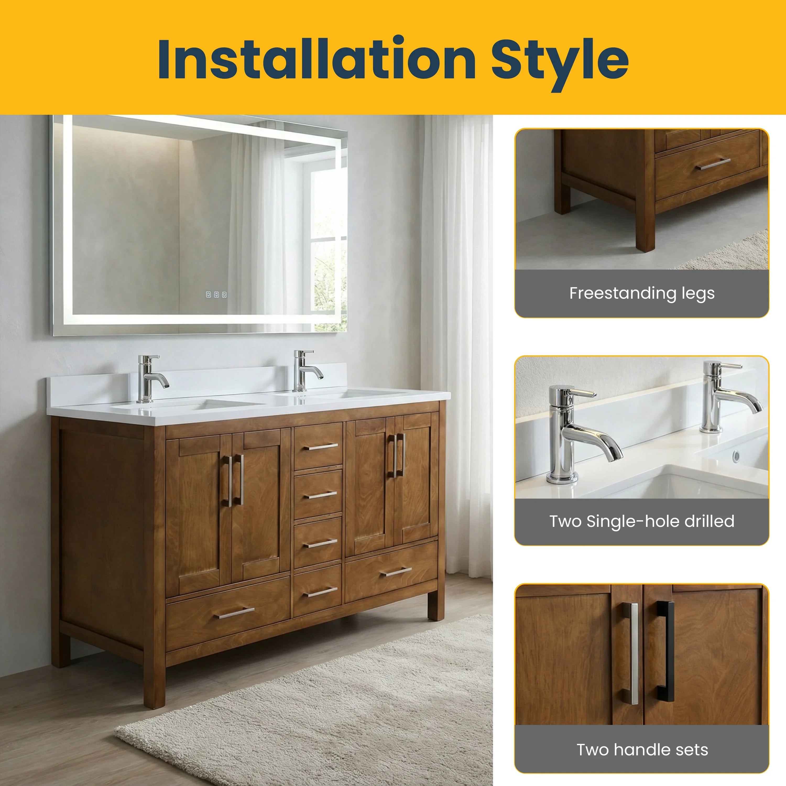 60" Walnut Freestanding Double Sink Bathroom Vanity with Engineered White Marble Countertop