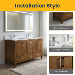 Meuble-lavabo double sur pied en noyer de 60 po avec comptoir en marbre blanc reconstitué