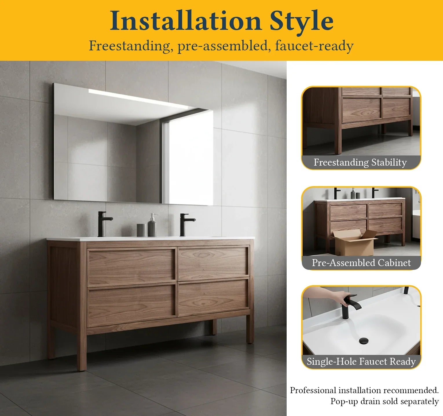 60" Natural Walnut Freestanding Double Sink Bathroom Vanity with White Solid Surface Countertop