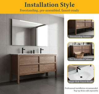 60" Natural Walnut Freestanding Double Sink Bathroom Vanity with White Solid Surface Countertop