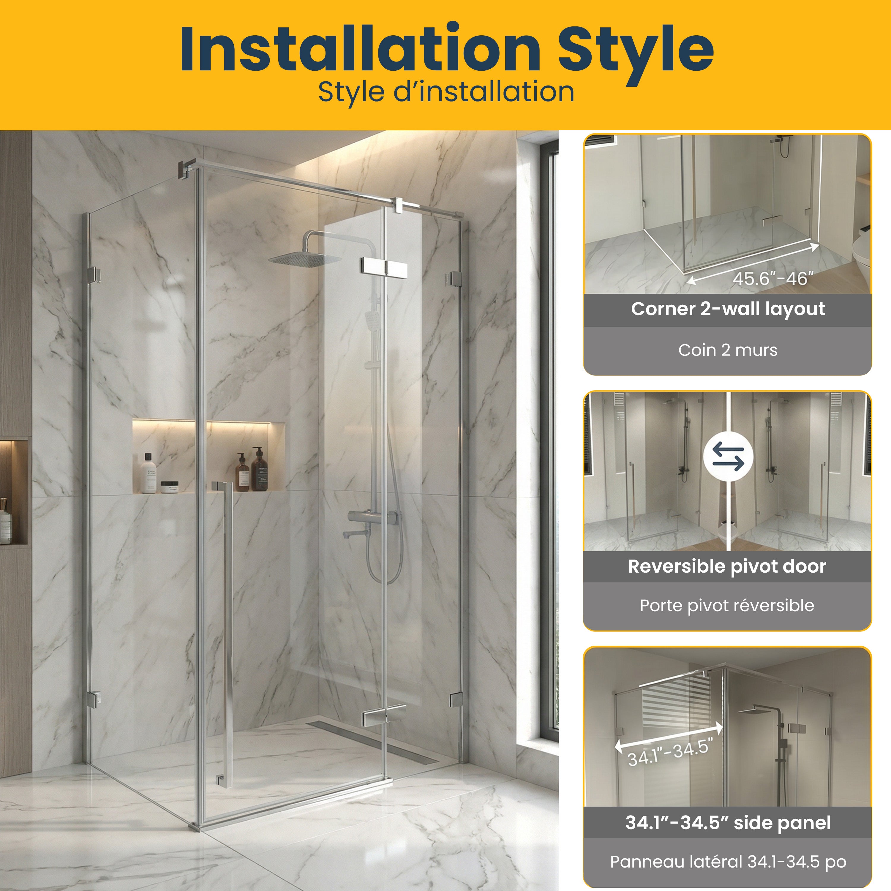 45.6"–46" W (Adjustable Width) x 79" H Frameless Reversible Pivot Shower Door in Chrome with 34.1"–34.5" Side Panel – Clear Tempered Glass