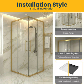 36" x 36" x 79" Reversible Corner Sliding Shower Door in Brushed Gold with Clear Glass