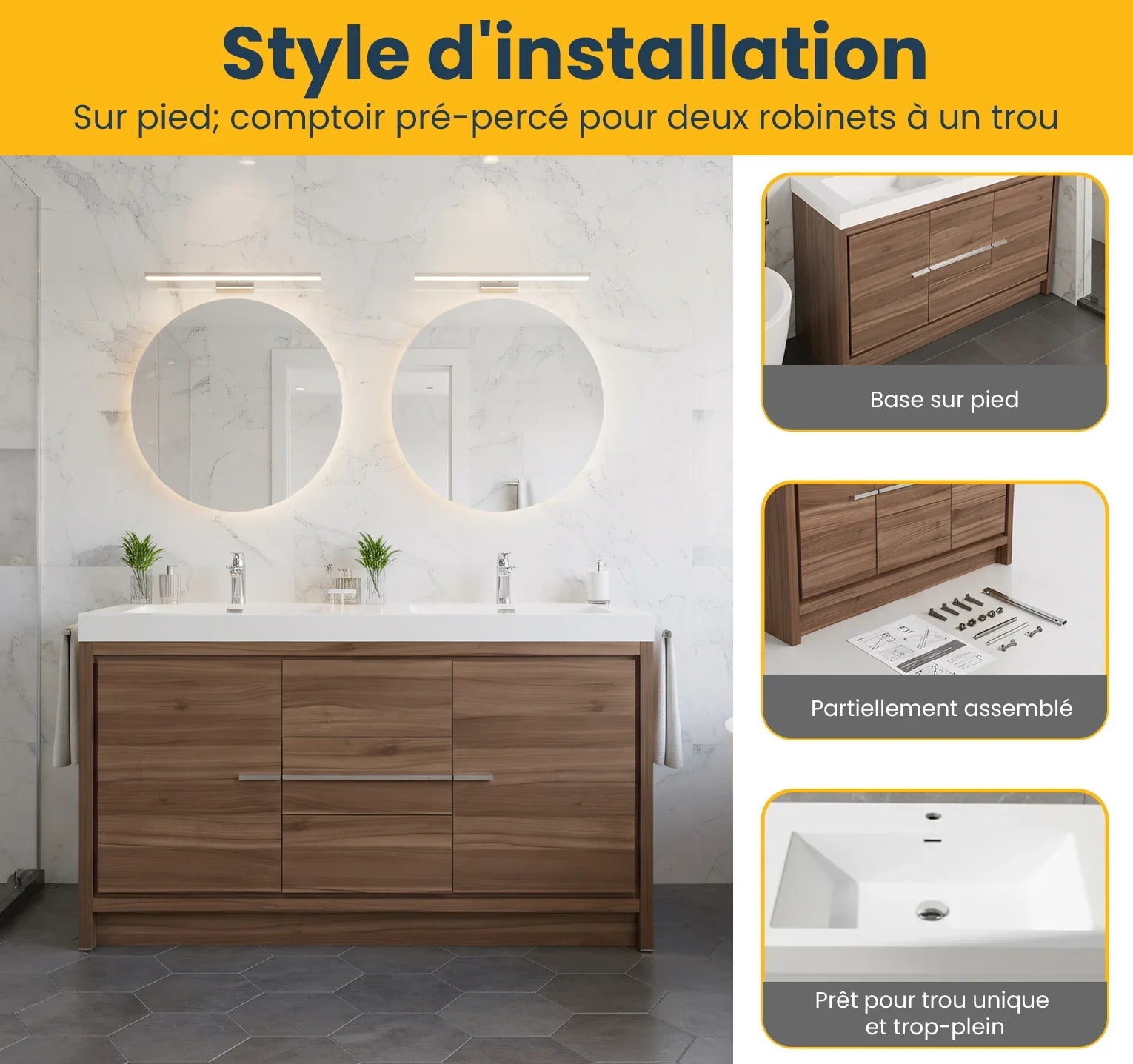 48" Walnut Freestanding Double Sink Bathroom Vanity with White Polymarble Countertop