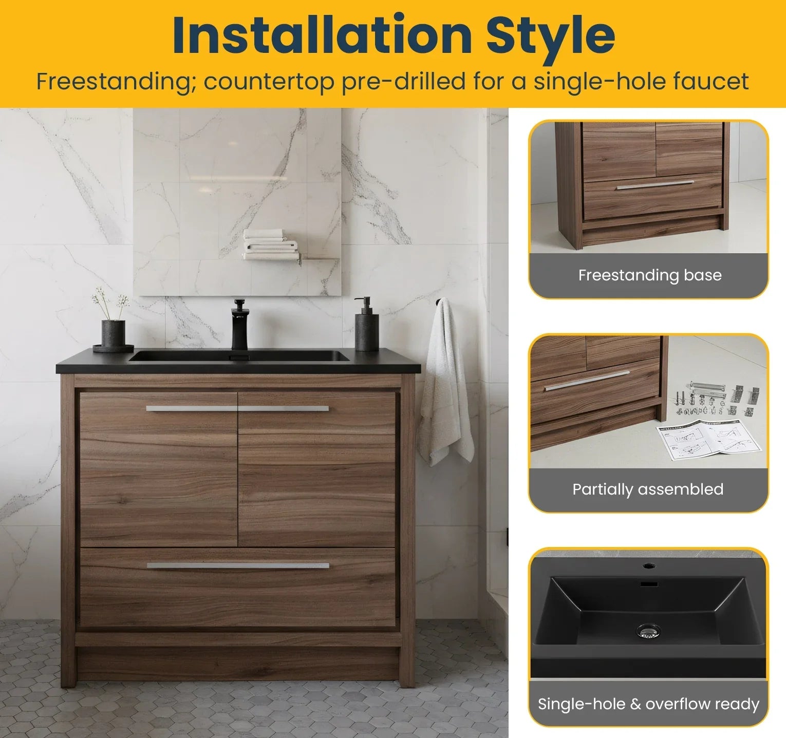 36" Walnut Freestanding Bathroom Vanity with Black Engineered Quartz Countertop