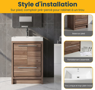 24" Walnut Freestanding Bathroom Vanity with White Polymarble Countertop