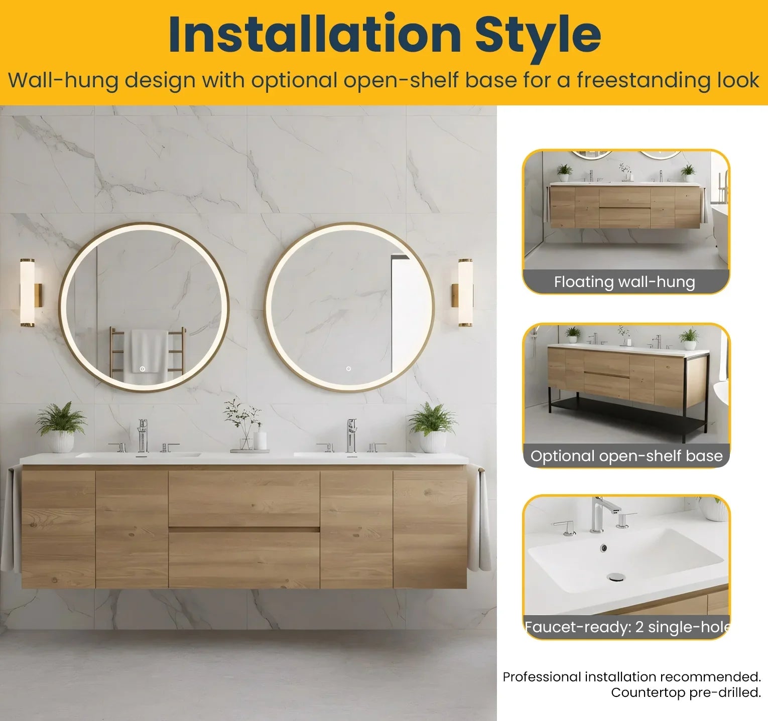 72" Rough Oak Wall Mount Double Sink Bathroom Vanity with White Polymarble Countertop