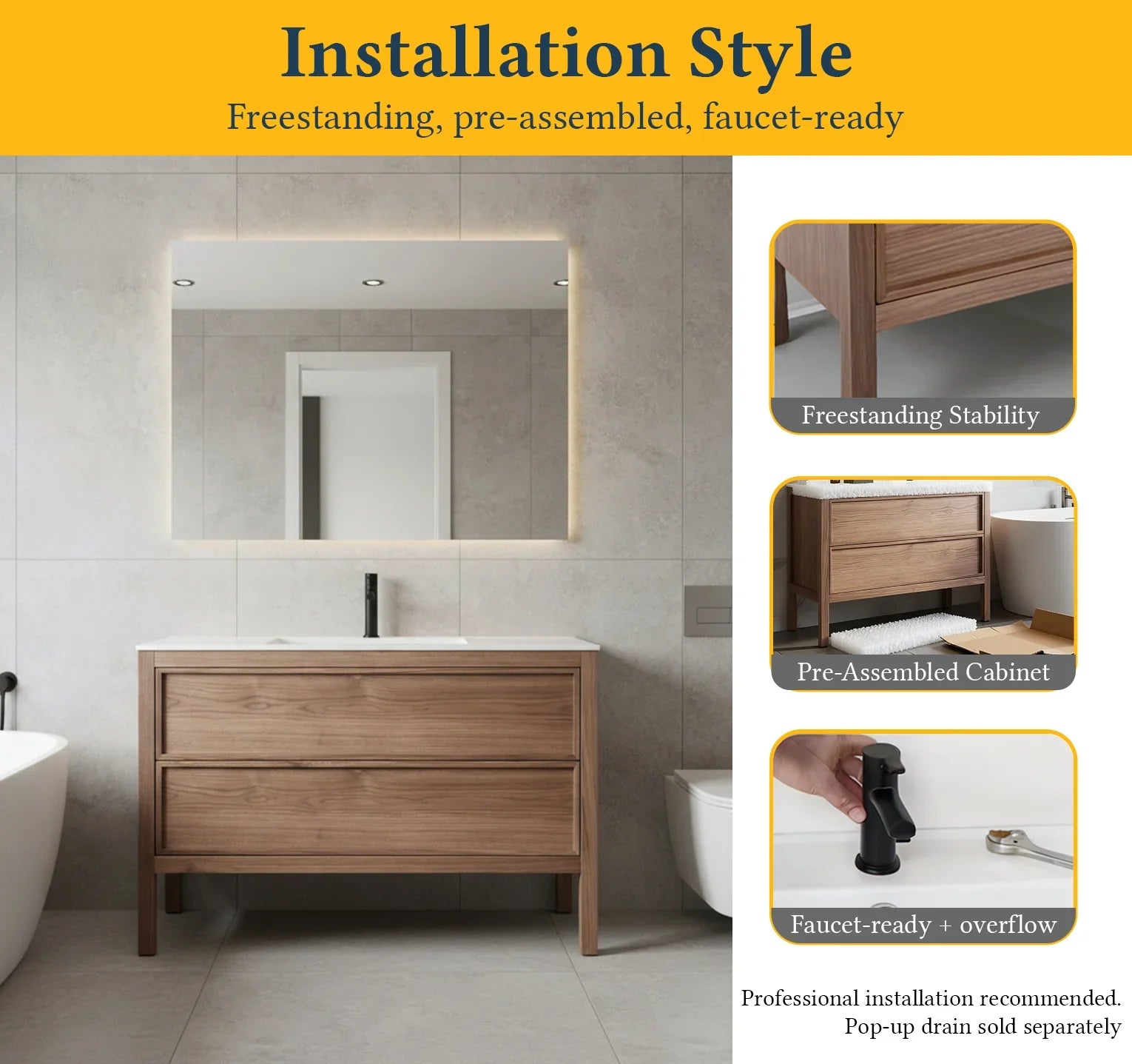 48" Natural Walnut Freestanding Single Sink Bathroom Vanity with White Solid Surface Countertop