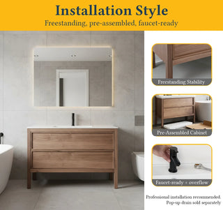 48" Natural Walnut Freestanding Single Sink Bathroom Vanity with White Solid Surface Countertop