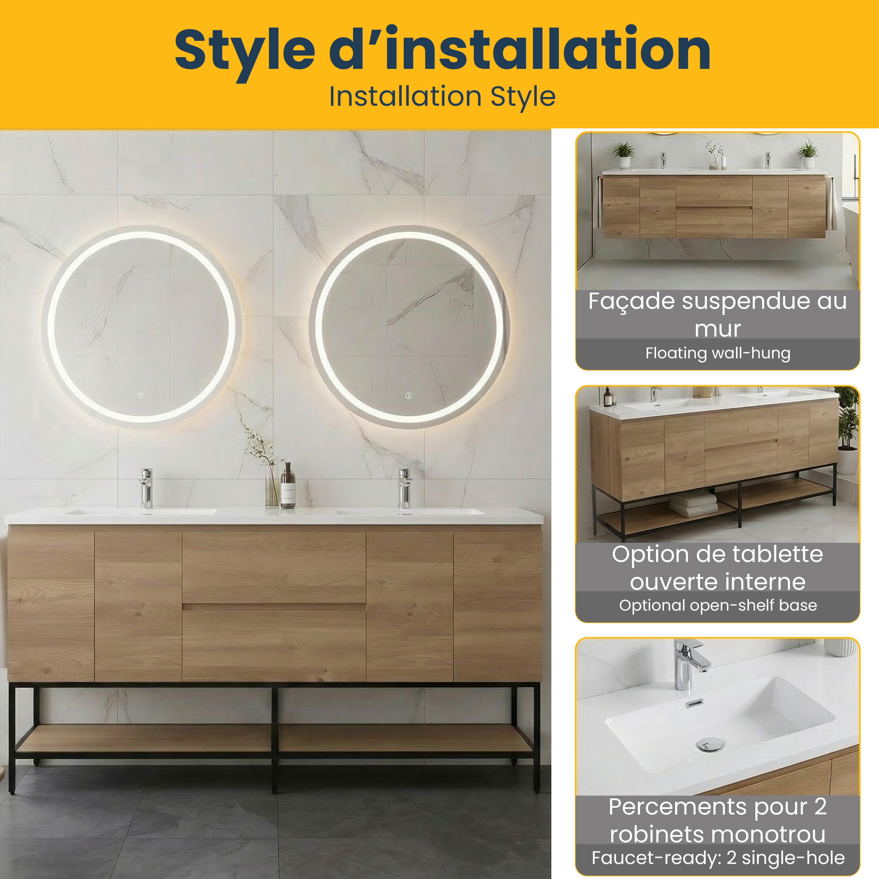 Meuble-Lavabo Mural 72po Chêne Brut avec Comptoir de Polymarbre Blanc