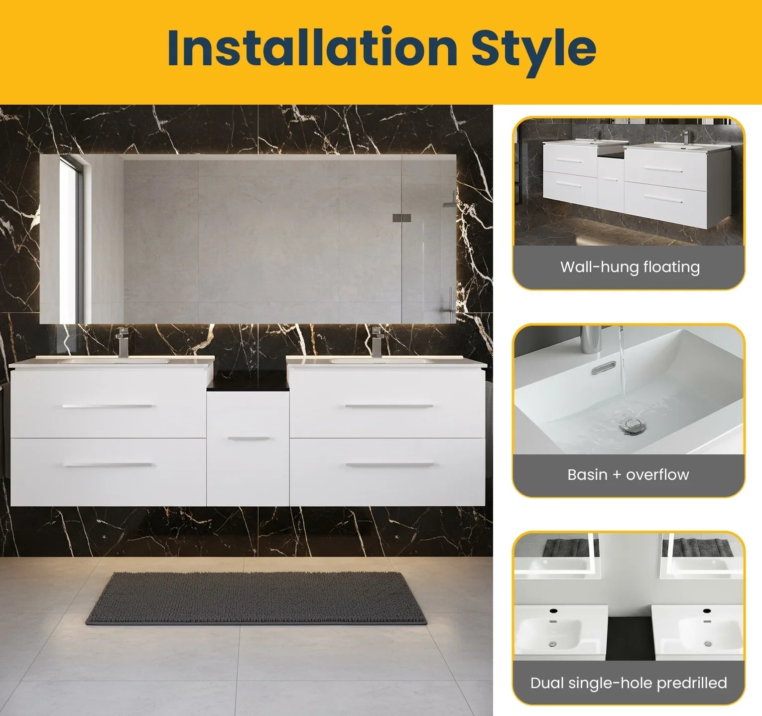 Meuble-Lavabo Mural 72po Blanc Mat avec Comptoir de Céramique Blanc