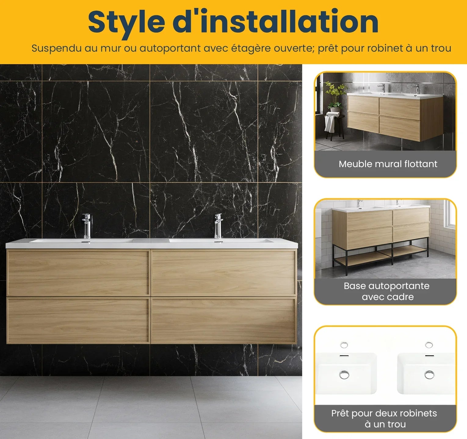 Meuble Lavabo Mural 60 pouces Noyer Couchant Double Vasque avec Comptoir Polymarbre Blanc