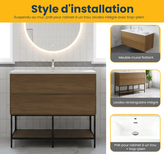 Meuble-Lavabo Mural 48po Noyer Miel Doré avec Comptoir de Polymarbre Blanc