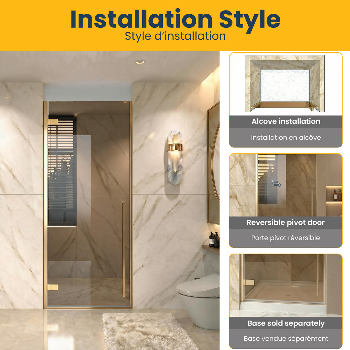29,9po–30,3po L (largeur ajustable) x 79po H Porte de douche pivotante réversible sans cadre en or brossé avec verre brun teinté