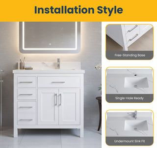 36" White Freestanding Single Sink Bathroom Vanity with Engineered Calcutta Marble Countertop