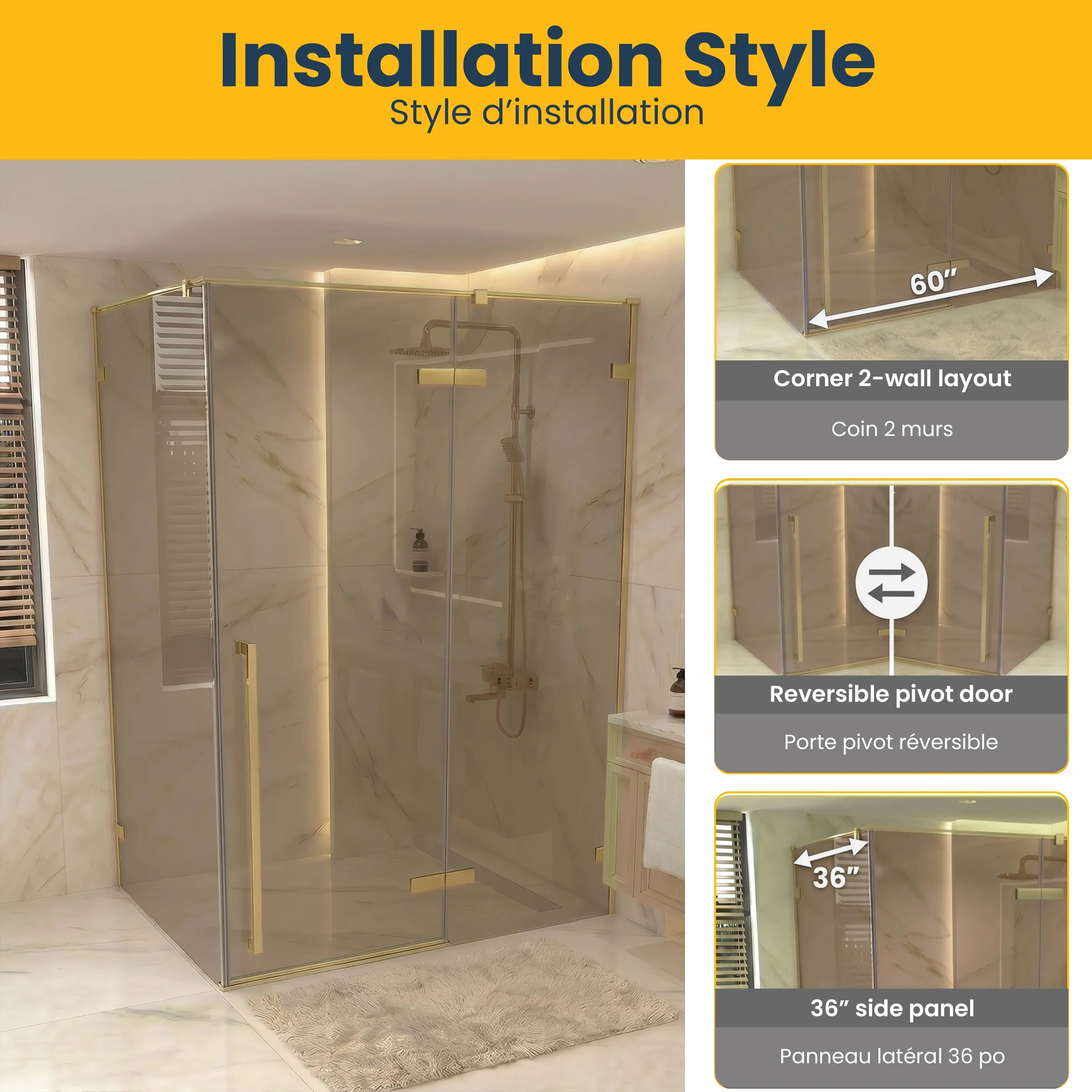 57.6"–58" x 79" Brushed Gold Pivot Shower Door with Brown Tinted Glass & 34.1"–34.5" Side Panel