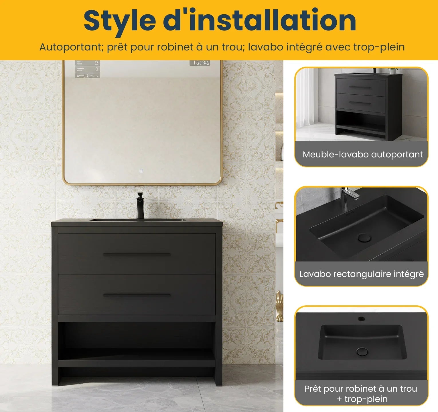 Meuble-Lavabo Autoportant 36po Chêne Brut Noir avec Comptoir de Quartz d'ingénierie Noir