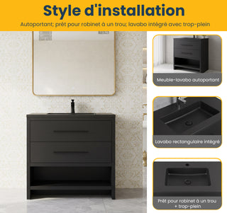 36" Black Rough Oak Freestanding Bathroom Vanity with Black Engineered Quartz Countertop