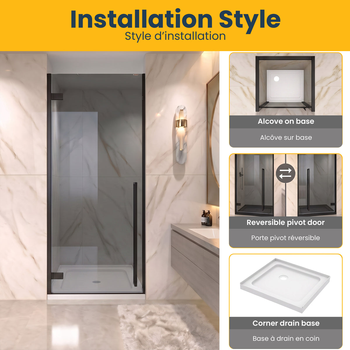 29.9"–30.3" W (Adjustable Width) x 79" H Frameless Reversible Pivot Shower Door in Matte Black with White Acrylic Base