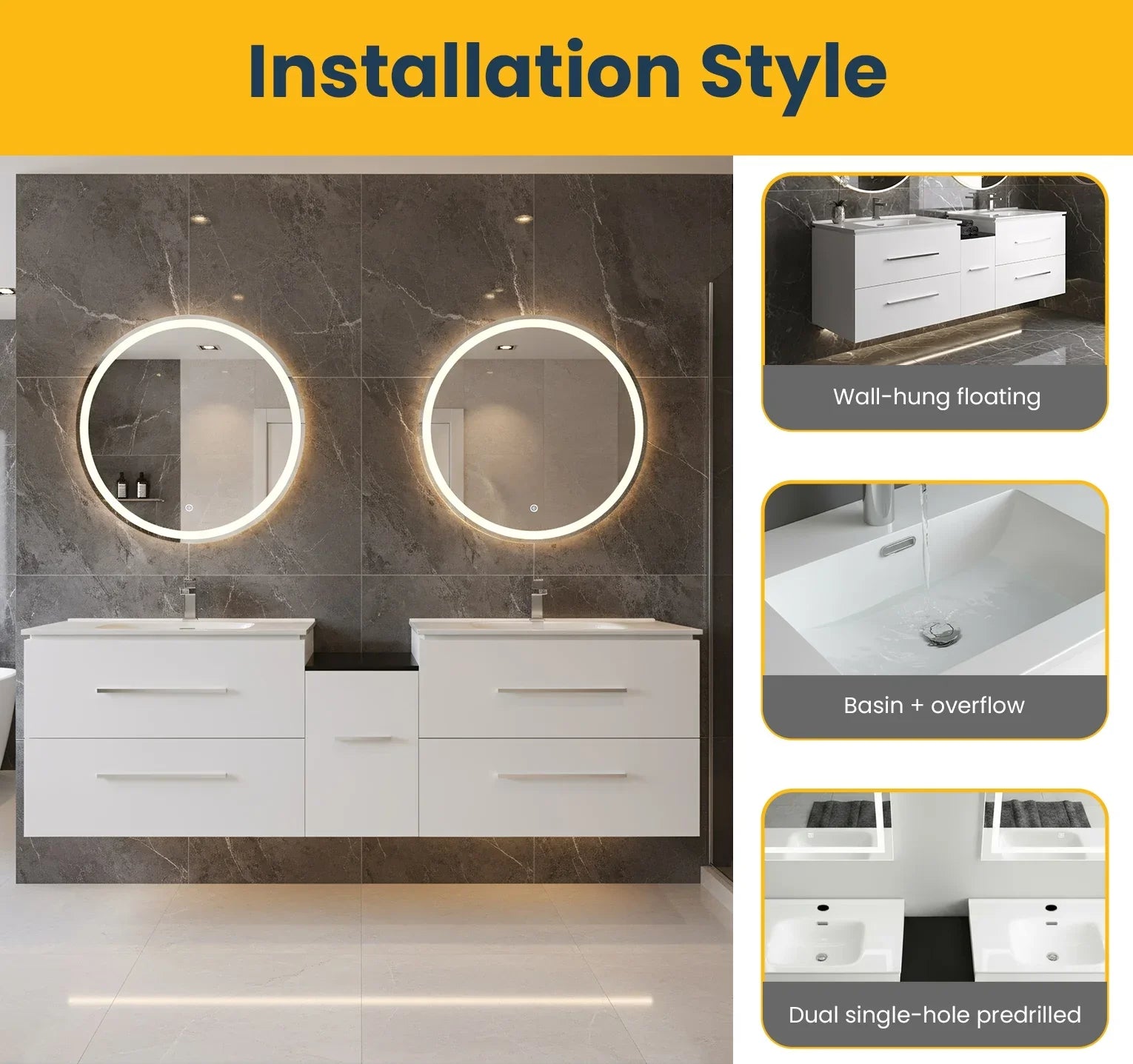 60" Matte White Wall Mount Double Sink Bathroom Vanity with White Ceramic Countertop