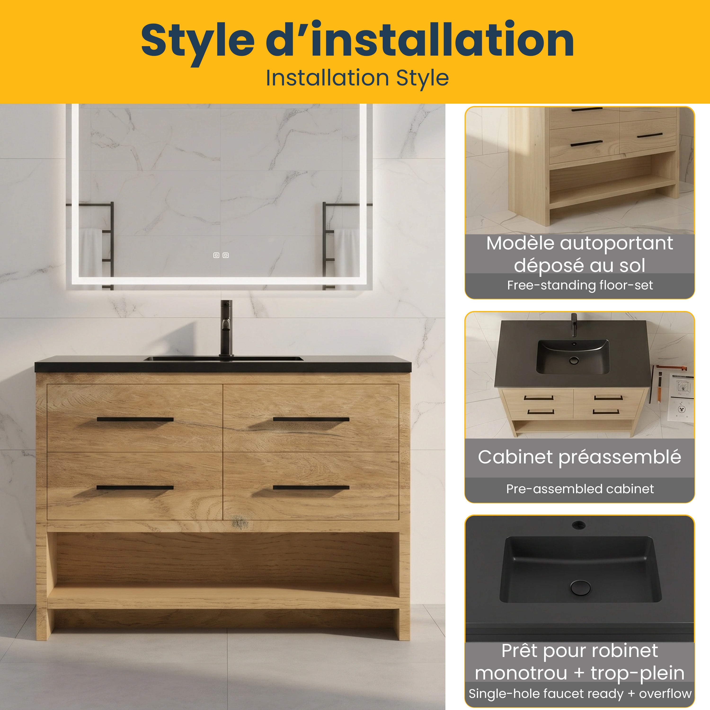 48" Rough Oak Freestanding Bathroom Vanity with Black Engineered Quartz Countertop