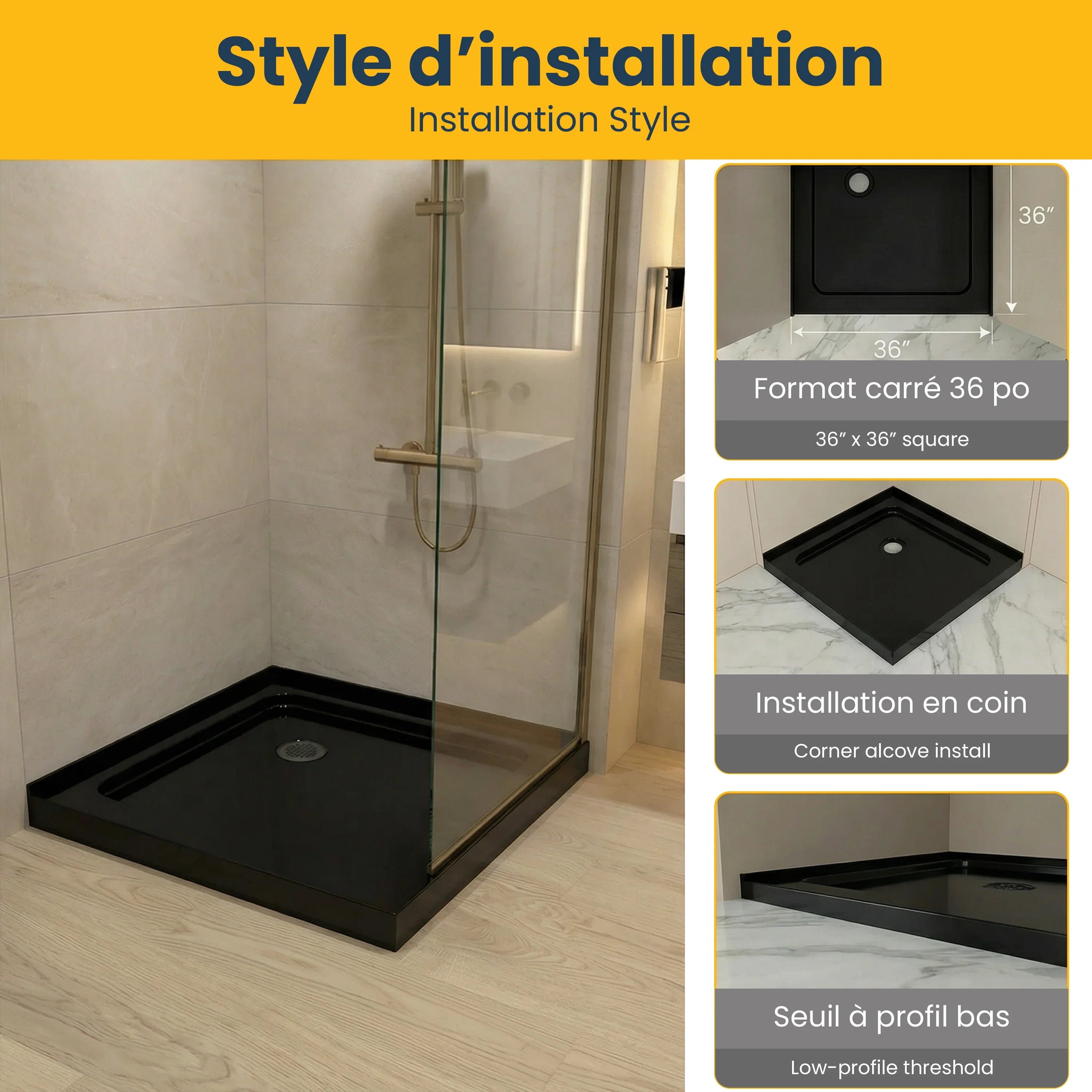 Base de douche acrylique noir brillant 36po x 36po avec drain d'angle