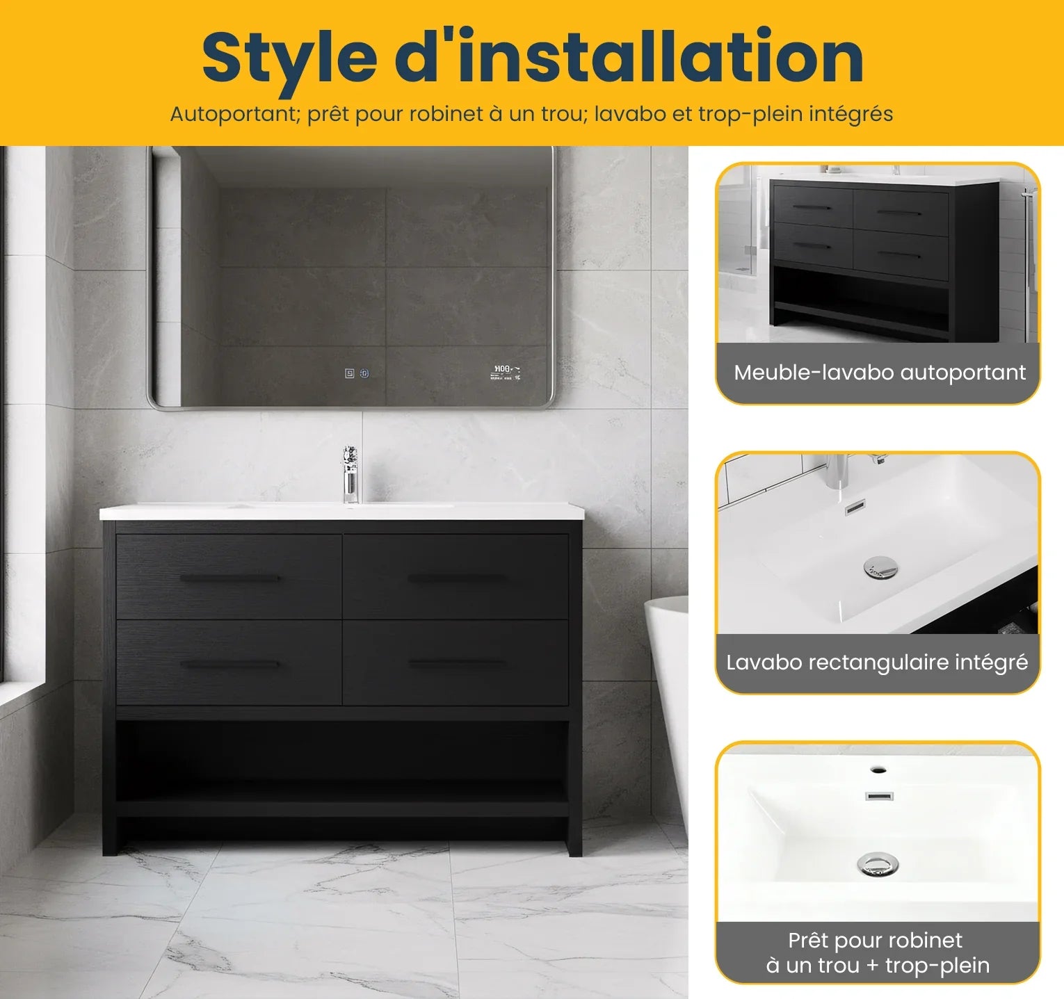 Meuble-lavabo autoportant noir en chêne brut de 48" avec Comptoir en polymarbre blanc