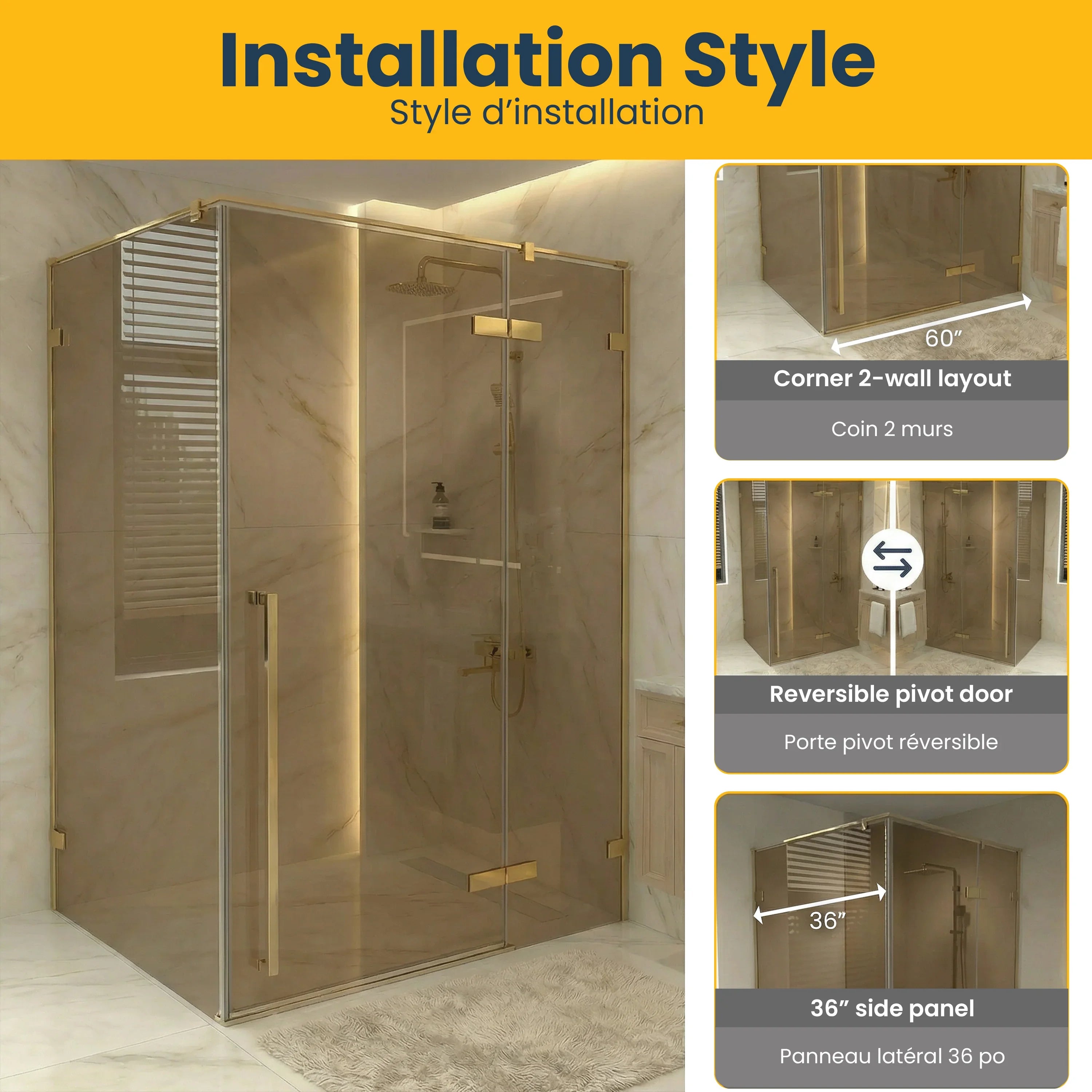 Porte de Douche Pivotante Or Brossé 60po x 79po avec Verre Brun et Panneau Latéral 36po