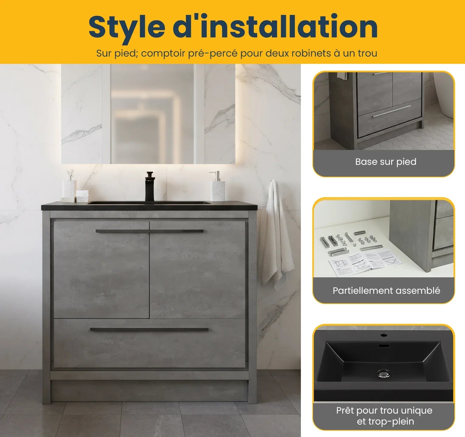 36" Cement Freestanding Bathroom Vanity with Black Quartz Engineered Countertop