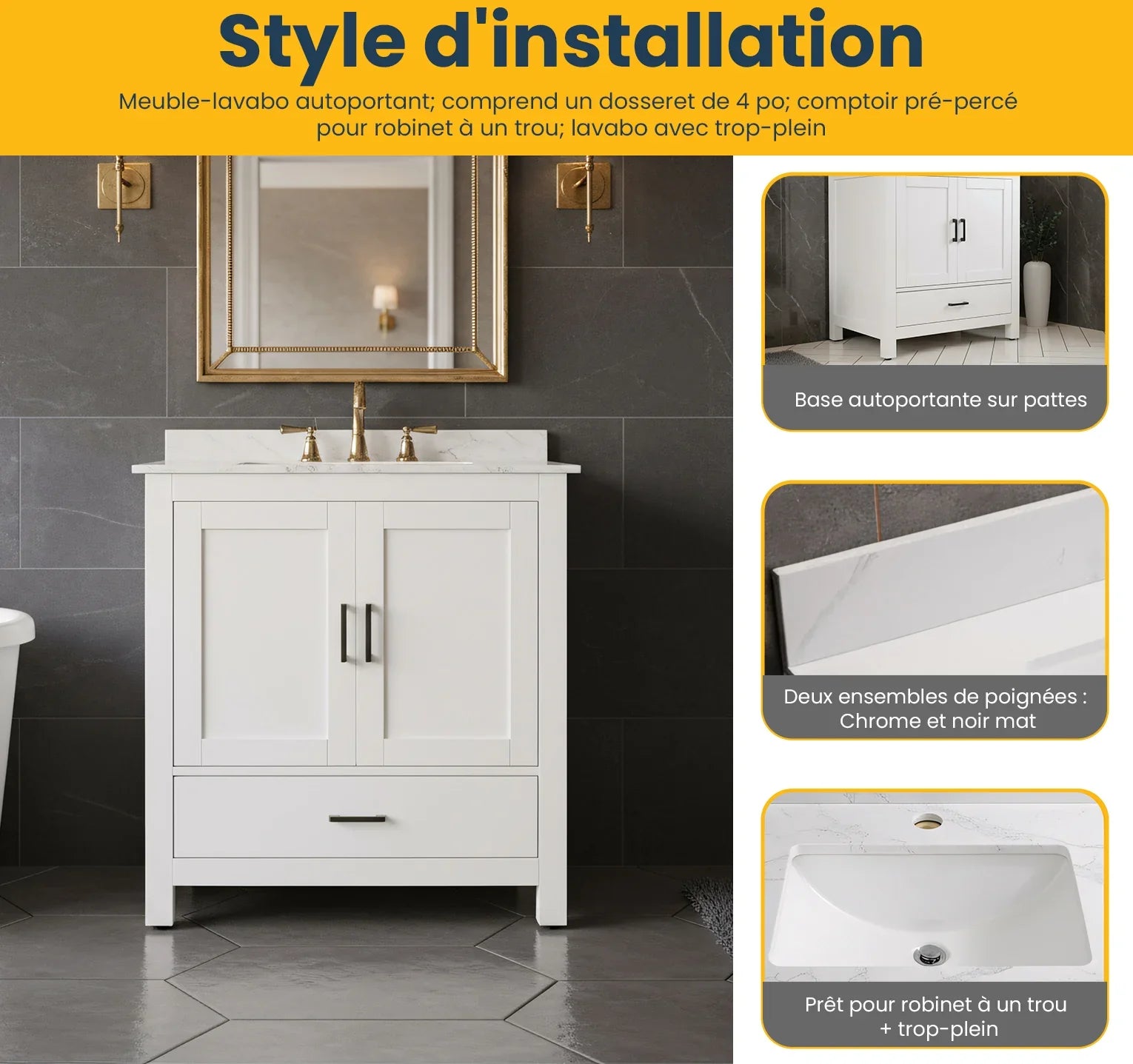 30" White Freestanding Single Sink Bathroom Vanity with Engineered Calcutta Marble Countertop