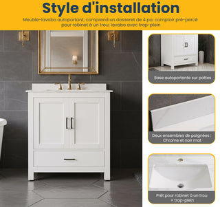 Meuble-Lavabo Autoportant 30po Blanc avec Comptoir de Marbre Calcutta d'ingénierie