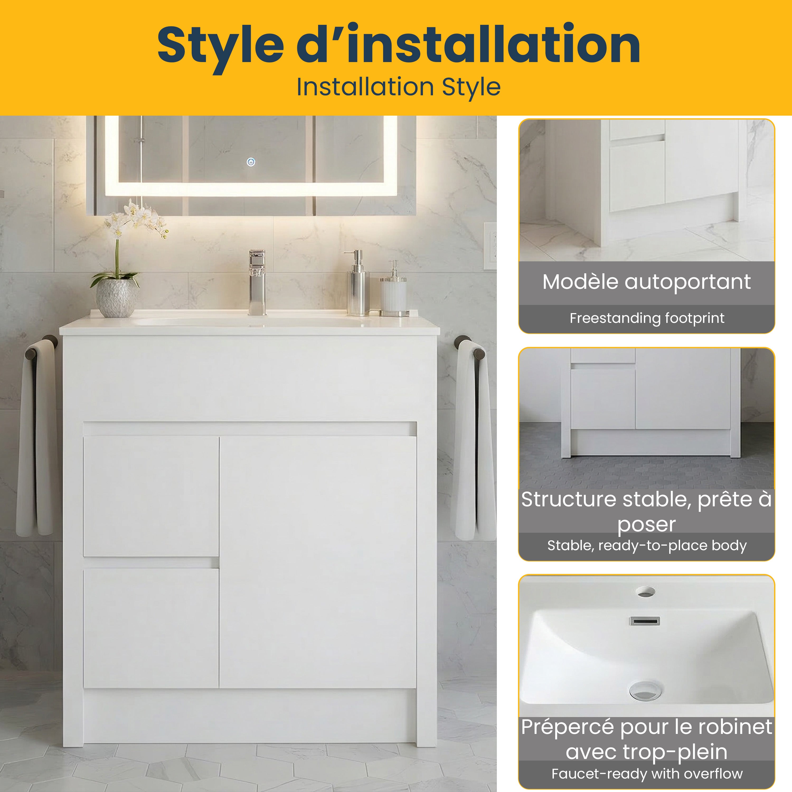 Meuble-Lavabo Autoportant 30po Blanc Mat avec Comptoir de Céramique Blanc
