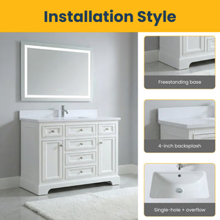 Meuble-lavabo autoportant blanc de 48 po avec comptoir en marbre blanc reconstitué